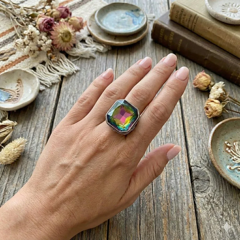 925 Sterling Silver Rainbow Crystal Statement Ring Size 10 Dark Romance Mob Wife